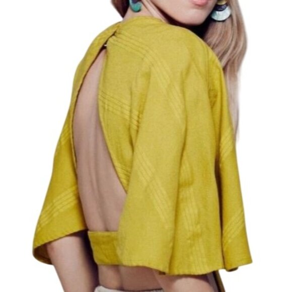 Free People Open Back Crop Linen Top Boho Festival Coastal Core Flutter Sleeve - Picture 1 of 10